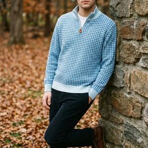 Vintage Ike Behar Cashmere Sweater Mens Large Blue Houndstooth Knit 1/2 Zip FLAW